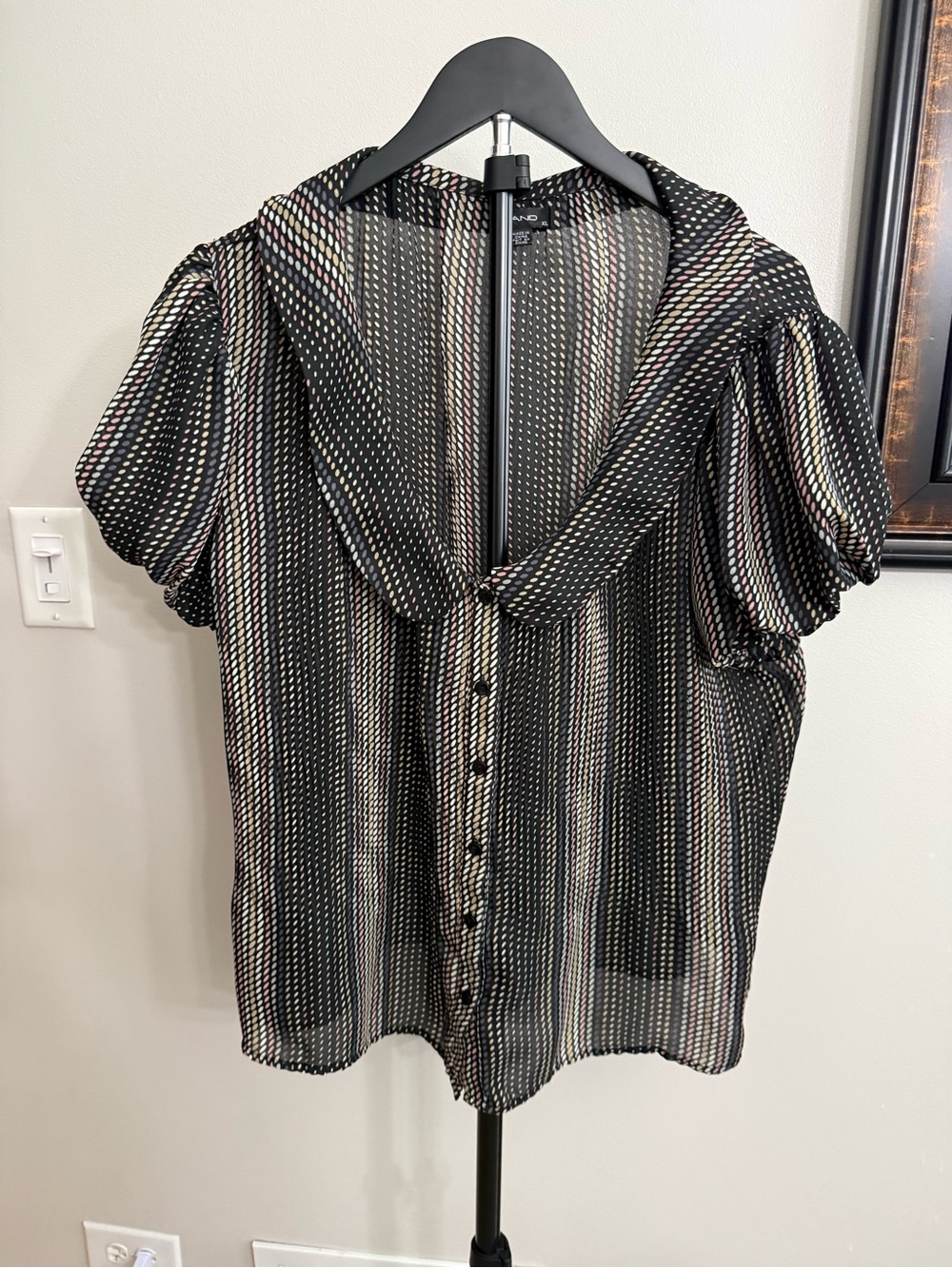 Piano Sheer Black Multi-Stripe Short Sleeve Button Blouse